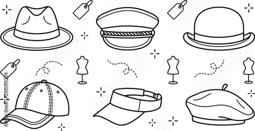 Obraz na płótnie Headwear icons vector set with fedora baseball cap visor beret and vintage bowle