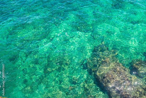 Pattern with crystal clear turquoise sea water with underwater rocks