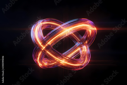 A vibrant and dynamic abstract image of glowing neon loops intertwined in a complex pattern against a dark background