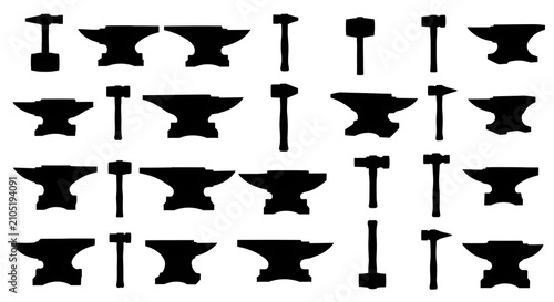 Silhouette Collection of Heavy Blacksmith Anvils and Forging Hammers on White