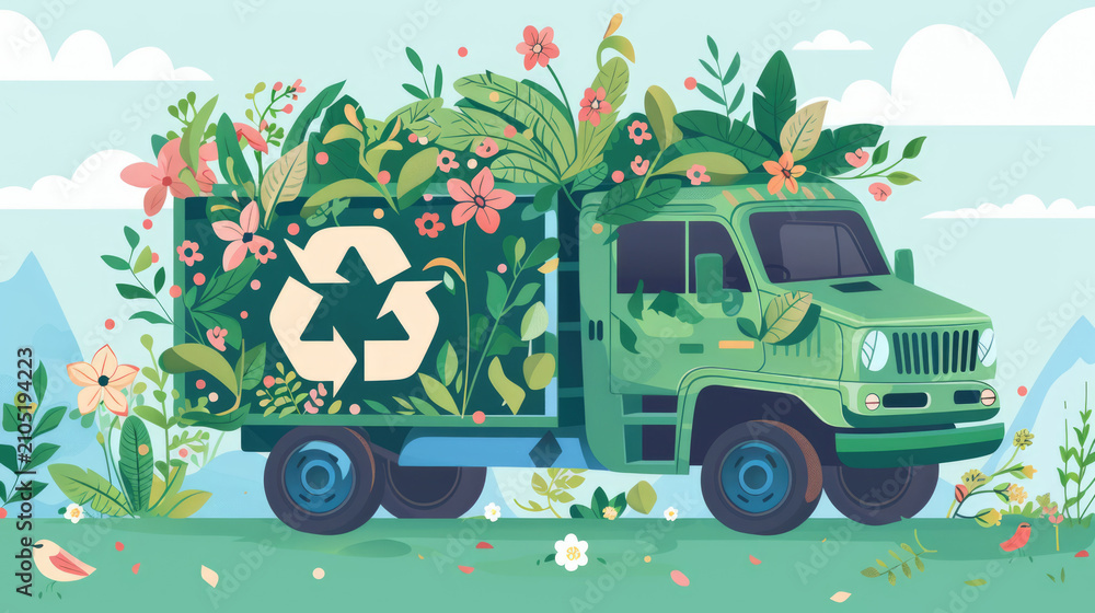 Obraz premium Illustration of eco recycling truck filled with colorful flowers and leaves with recycle symbol on bright background