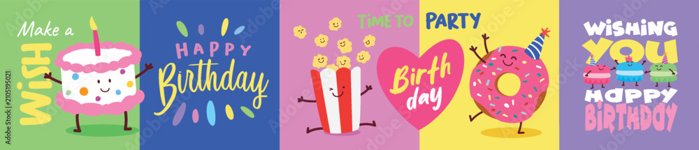Obraz premium Birthday Anniversary with Funny Character and Birthday Invitation Card Template for banner, poster, vector illustration.