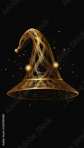 Glowing golden wizard hat floating with magical sparkling particles on a black background, fantasy sorcery concept with mystical illumination and copy space