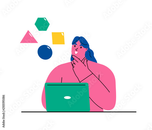 Creative thinking concept. Business woman looking at shapes brainstorming ideas. Flat vector illustration isolated on white background