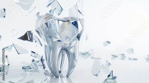 White tooth model with shattered glass pieces on light background for dental fragility concept