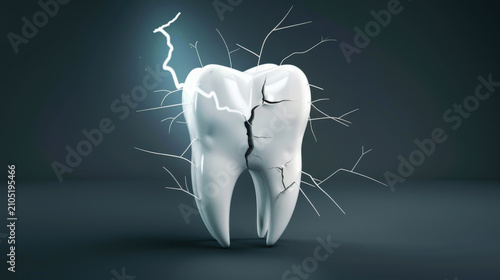 Cracked tooth with electric lightning bolts on dark background with place for text representing dental pain and sensitivity