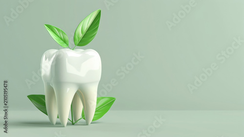 White tooth with green leaves on neutral background representing natural dental care and eco-friendly oral health