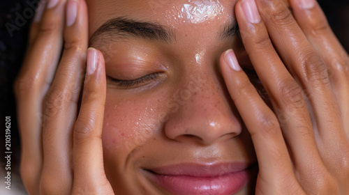 Beautiful woman applying face cream or beauty product with gentle massage movements on clean glowing skin. Cosmetics concept background
