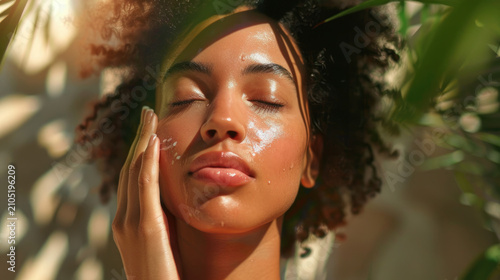 Beautiful woman applying face cream or beauty product with gentle massage movements on clean glowing skin. Cosmetics concept background