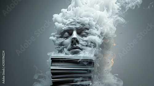Human face dissolving into smoke above stack of papers representing mental burnout from overwork