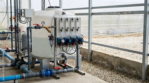 precision fertigation mixing tank with automated nutrient dosing equipment installed beside commercial greenhouse irrigation system
