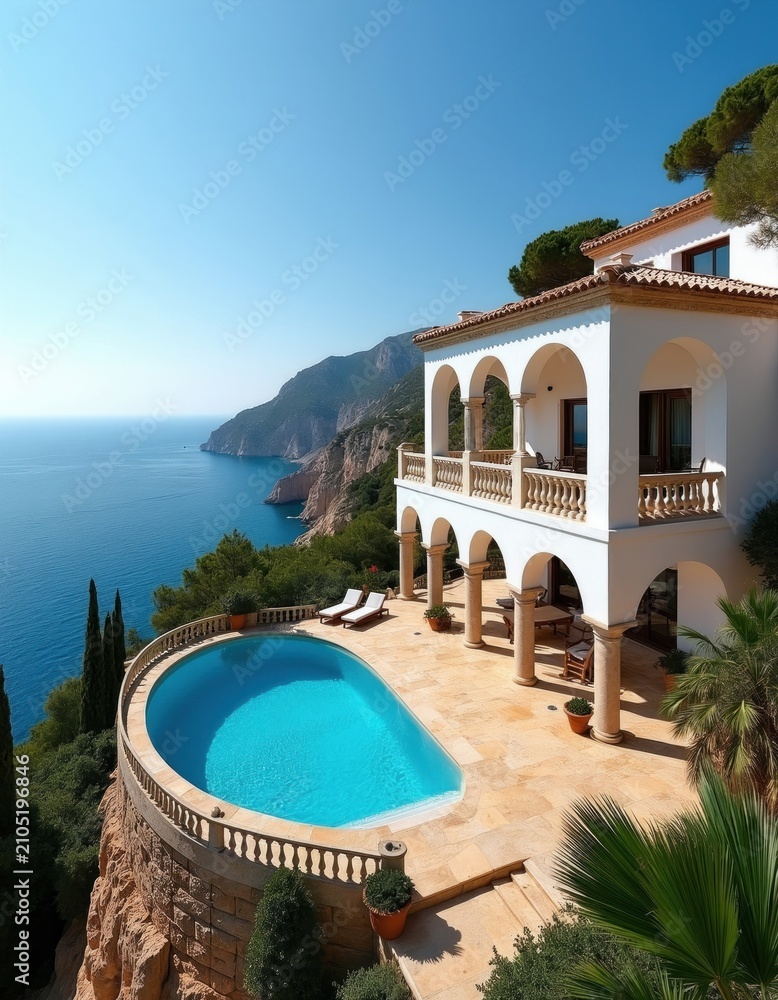 Obraz premium Luxury villa with pool overlooks blue ocean. White building has arched balconies, stone terrace. Green mountains rise behind coastal estate. Sunny summer day.