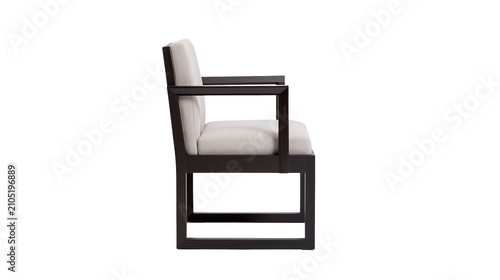 Foto Modern dark wood armchair with light beige fabric upholstery