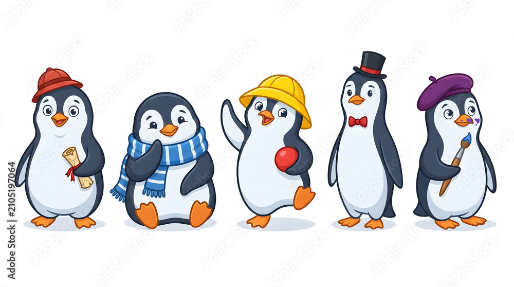 Obraz premium Cute Cartoon Penguin Characters Pack with Different Costumes Vector Illustration