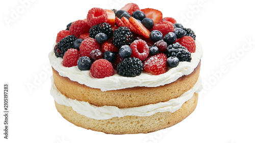 Foto Layered sponge cake with whipped cream and fresh berries