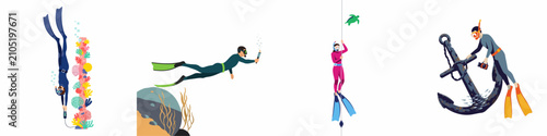 Konstfotografi Flat Illustration Set of Divers Exploring Marine Life, Coral Reefs, and Shipwrec