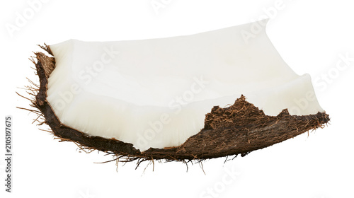 Foto Coconut piece with white flesh and brown fibrous husk