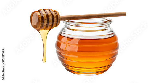 Foto Glass jar filled with golden honey and wooden dipper with dripping honey