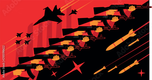 Foto Military war propaganda vector illustration with rifle guns fighter jets missile