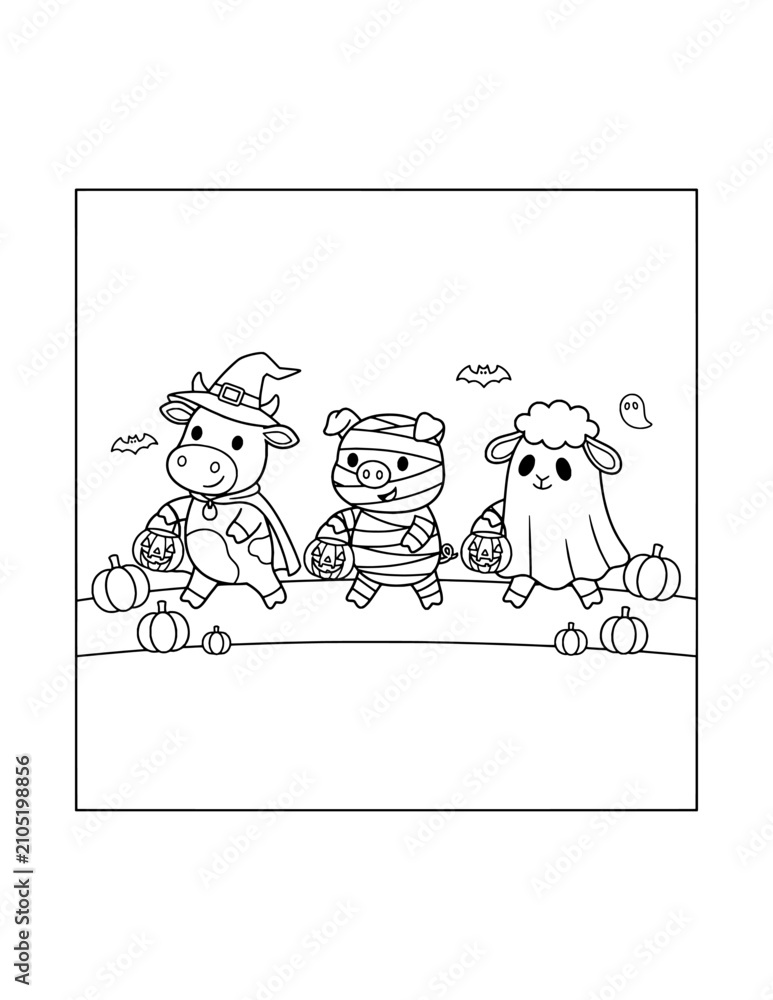 Fototapeta premium Cute Halloween Cow Coloring Page for Kids. Simple Cartoon Cow Outline Illustration for Children.