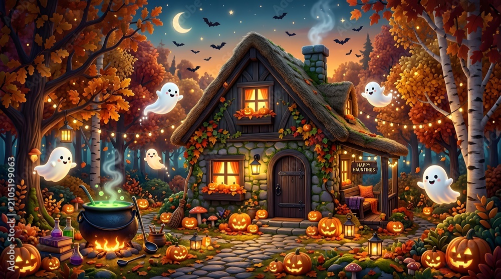 Fototapeta premium Magical halloween cottage in an autumn forest with ghosts and pumpkins