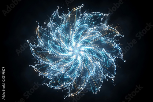 Swirling liquid water floral starburst splash with fine flying droplets