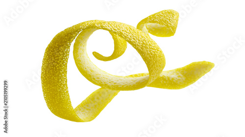 Photography Yellow lemon peel spiral on white