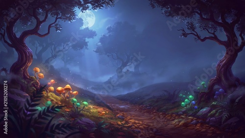 Mystical full moon illuminating an enchanting fantasy forest path with luminous mushrooms and ancient gnarled trees