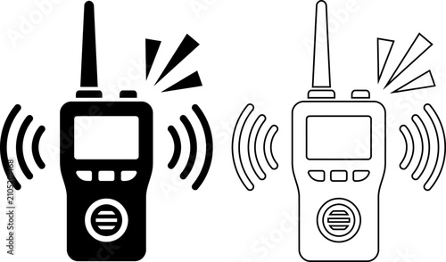 Tableau sur toile Walkie talkie radio vector icon set showing transmitting radio waves in solid black silhouette and linear outline style for security communication technology equipment