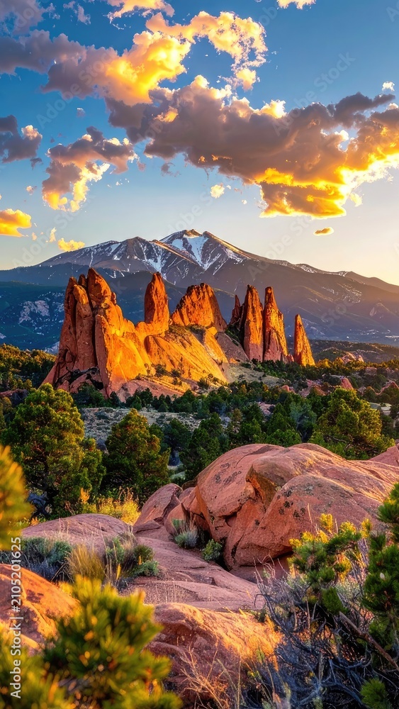 Naklejka premium Dramatic sunset paints majestic rock formations and snow-capped mountains.
