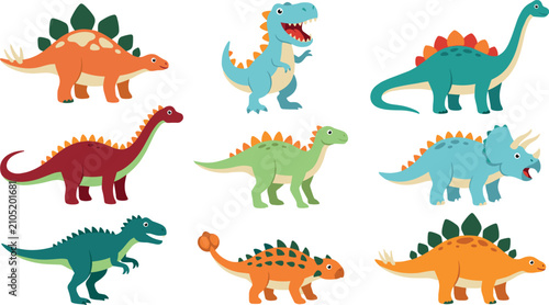 Prehistoric dinosaur cartoon character sticker pack with friendly colorful vector animal icons for mobile games applications and kids digital decorations