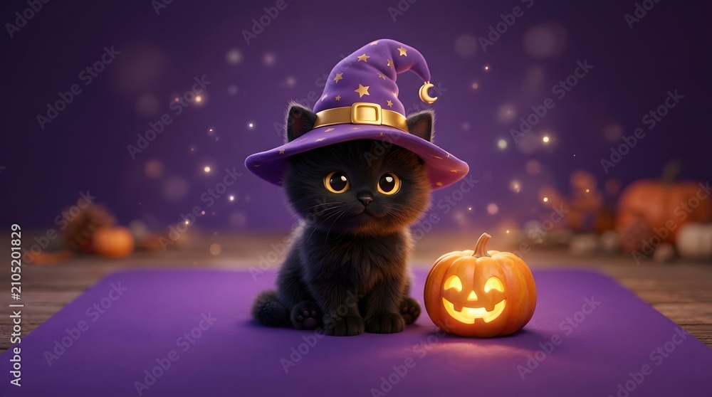 Fototapeta premium Cute black kitten wearing a purple witch hat next to a glowing pumpkin