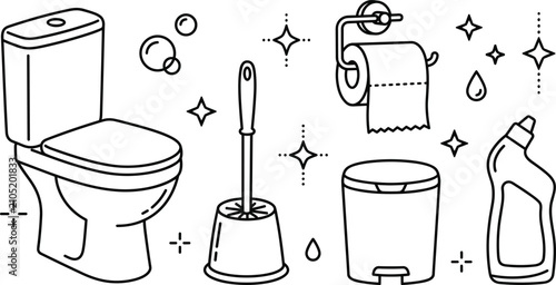 Foto Bathroom toilet cleaning vector icon set with ceramic commode paper roll plastic brush trash can and detergent bottle