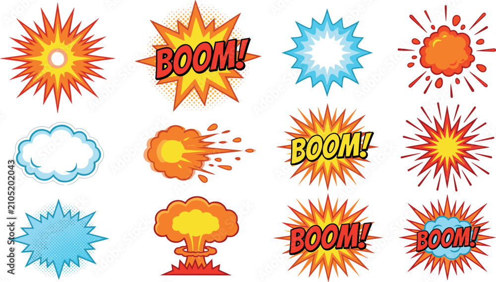 Fototapeta premium Comic book explosion vector effect set with bright boom speech bubbles dynamic fire bursts cloud puffs and stars isolated on white background