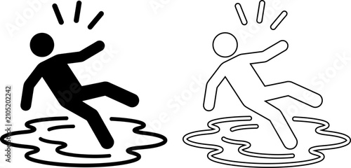 Obraz na plátně Warning vector icon set depicting a person slipping on a wet floor, suitable for safety signs, hazard caution symbols, and workplace accident prevention graphics