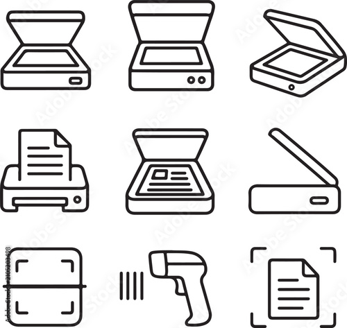 A collection of black and white line art icons depicting various document scanners and.