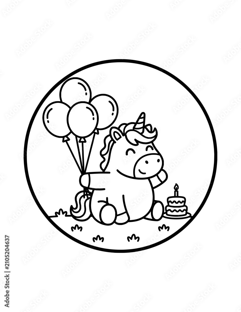 Fototapeta premium Cute Baby Unicorn Coloring Page – Printable Black and White Outline Educational Worksheet for Kids