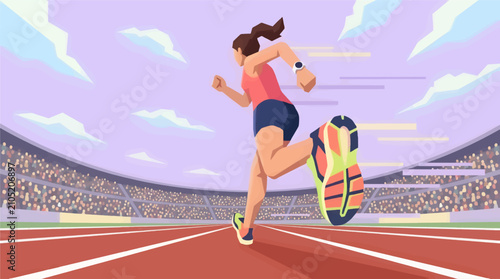 Foto Woman Running on Athletics Track in Stadium, Flat Design Vector Illustration of