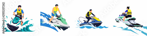 Fotografie Flat vector illustrations of men riding jet skis on sea waves, representing summer water sports activities and adventure leisure