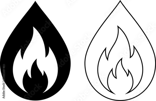 Vector illustration features a simple black and outline silhouette of a fire flame inside a liquid drop, acting as an icon for gas, oil, fuel, energy, and flammable power.