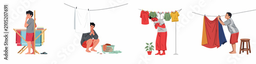Fotografie Vector set of male characters performing laundry chores, including hanging clothes on lines, using drying racks, and expressing different emotions