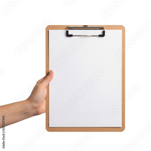 A hand holding a clipboard with a blank sheet of paper attached to it.