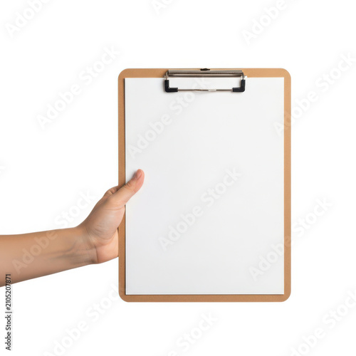 A hand holding a clipboard with a blank sheet of paper attached to it.