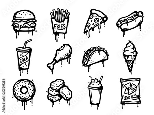 Graffiti fast food doodle set featuring melting burger pizza fries taco hot dog donut and soda cup line sketches isolated on white background