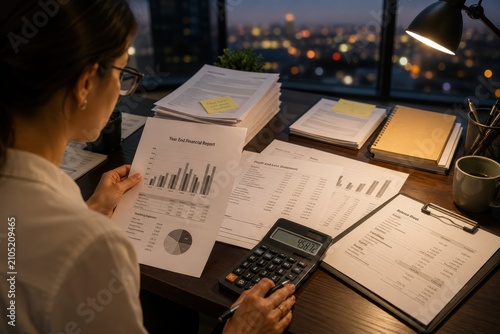 Accountant reviewing year end financial reports with calculator
