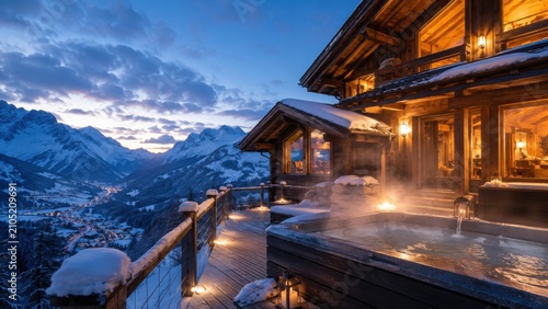 Cozy mountain cabin with hot tub overlooking snowy alpine valley at dusk
