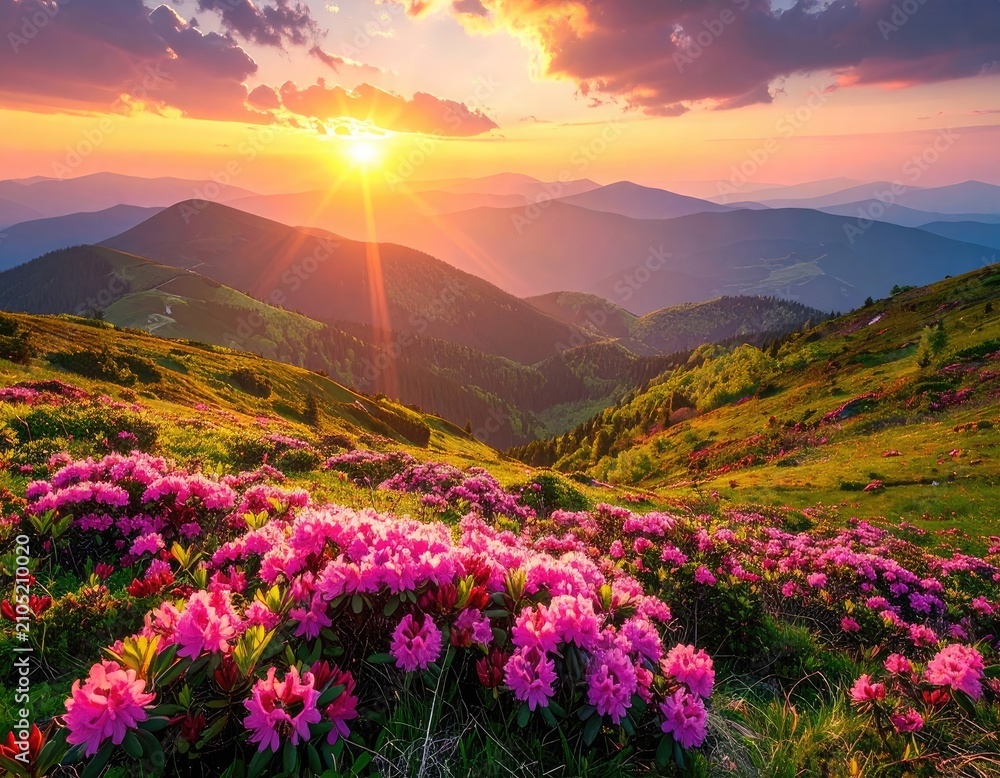 Obraz premium A breathtaking mountain vista unfolds at sunset, adorned with vibrant pink rhododendrons in the foreground.