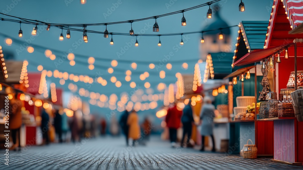 Obraz premium Evening outdoor market scene with festive string lights and busy crowd