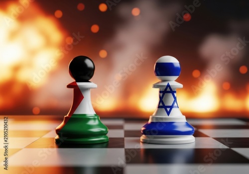 Chess pawns with palestinian and israeli flags on a battlefield background