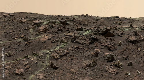 Rocky Martian terrain with green mineral veins under alien sky